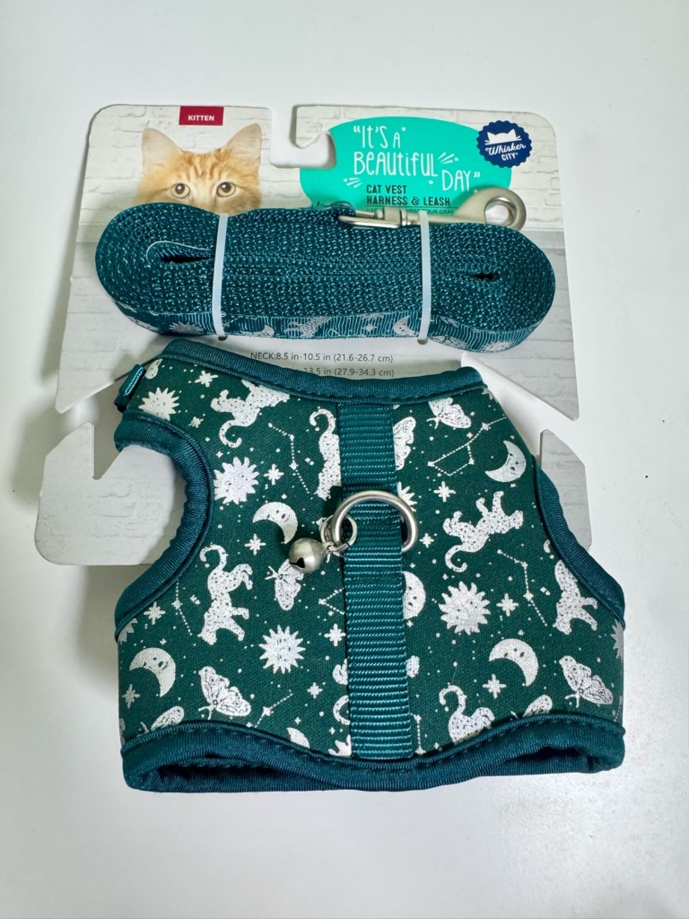 Kitten Cat Vest Harness & Leash Set in Teal with Celestial Print